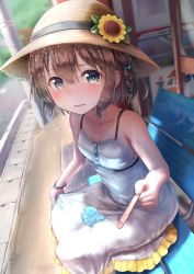 Rule 34 | 1girl, bare shoulders, blurry, blurry background, blush, braid, bright pupils, collarbone, dappled sunlight, day, dress, failure, fisheye, flower, food, frilled dress, frills, green eyes, hat, highres, holding, ice cream, kachayori, looking at viewer, moe2018, on lap, open mouth, original, outdoors, popsicle stick, side braid, sitting, sleeveless, sleeveless dress, solo, storefront, summer, sun hat, sundress, sunflower, sunlight, sweat, tearing up, tears, wavy mouth, white dress