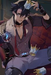 Rule 34 | 1boy, animal ears, arm support, black choker, black gloves, black hair, choker, couch, crown, crown of insight, fingerless gloves, genshin impact, gloves, grey pants, hair between eyes, highres, indoors, kichi owo, long sleeves, looking at viewer, male focus, necktie, on couch, pants, pectoral cleavage, pectorals, red necktie, scar, scar on chest, scar on neck, short hair, solo, spread legs, wriothesley (genshin impact)