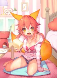 Rule 34 | 10s, 1girl, animal ears, bad id, bad pixiv id, bed, bra, breasts, cleavage, collarbone, fang, fate/extra, fate/extra ccc, fate/grand order, fate (series), food, fox ears, fox tail, ice cream, indoors, looking at viewer, medium breasts, mogullaz, off shoulder, official alternate costume, open clothes, open mouth, open shirt, pink bra, pink hair, shirt, sitting, smile, solo, tail, tamamo (fate), tamamo no mae (fate/extra), tamamo no mae (spring casual) (fate), underwear, yellow eyes