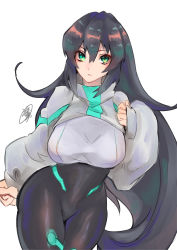 Rule 34 | 1girl, blush, breasts, clenched hand, erinashi kin, green eyes, gundam, gundam build divers, gundam build divers re:rise, hand on own chest, highres, large breasts, leaning to the side, long hair, may (gundam build divers re:rise), sketch, solo, v-shaped eyebrows, very long hair, white background, wide hips