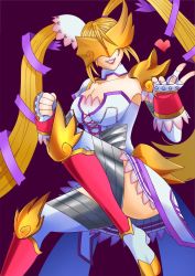 Rule 34 | 1girl, artist request, breasts, cleavage, digimon, fingerless gloves, gloves, looking at viewer, lovelyangemon, mask, solo, twintails