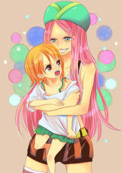 Rule 34 | 2girls, age regression, aged down, child, female focus, hat, highres, himerinco, hug, jewelry bonney, md5 mismatch, multiple girls, nami (one piece), one piece, orange hair, oversized clothes, piercing, pink hair, pirate, simple background, standing, you gonna get raped, yuri