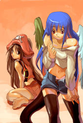 Rule 34 | 2girls, arc system works, asymmetrical wings, blue hair, casual, dizzy (guilty gear), feet, guilty gear, guilty gear x, guilty gear xx, hat, long sleeves, may (guilty gear), multiple girls, orange hat, pantyhose, pirate, red eyes, shihira tatsuya, tail, thighhighs, wings