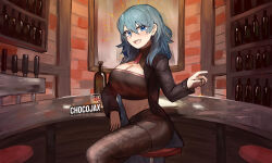 Rule 34 | 1girl, artist name, black jacket, black pantyhose, black shorts, blue eyes, blue hair, bottle, breasts, byleth (female) (fire emblem), byleth (fire emblem), chocojax, cleavage, commentary, fire emblem, fire emblem: three houses, highres, indoors, jacket, large breasts, long hair, long sleeves, midriff, navel, nintendo, open clothes, open jacket, pantyhose, shorts, sitting, solo, stomach, strapless, thighs, tube top