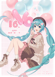 Rule 34 | 1girl, balloon, blue eyes, blue hair, brown footwear, brown jacket, brown skirt, commentary request, fen renlei, frilled skirt, frills, hand up, happy birthday, hatsune miku, highres, jacket, knees together feet apart, knees up, long hair, long sleeves, multicolored hair, pink hair, pink shirt, shirt, shoes, sitting, skirt, sleeves past wrists, socks, solo, twintails, two-tone hair, v, very long hair, vocaloid, white socks