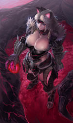 Rule 34 | 1girl, animal ears, armor, blood, blood splatter, blue eyes, boots, breasts, capcom, cleavage, dripping, from above, fujiwara hisashi, fur, fur trim, gauntlets, highres, jpeg artifacts, large breasts, lips, md5 mismatch, monster hunter (series), monster hunter 3 g, monster hunter 3 ultimate, smile, solo, stygian zinogre (armor), white hair, zinogre (armor)