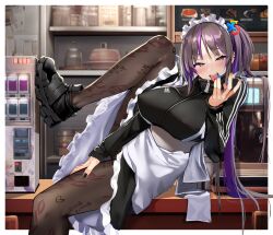 Rule 34 | 1girl, absurdres, breasts, cafe, crazy, hair ornament, highres, holding, jacket, large breasts, maid, maid headdress, mappaninatta, nail polish, original, pantyhose, piercing, purple hair, shoes, smoking, sneakers, tongue, tongue out, track jacket, track suit, vending machine, yami kawaii, yellow eyes, zipper pull tab