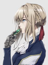 Rule 34 | 1girl, blonde hair, blue eyes, blue jacket, bow, braid, brooch, french braid, from side, green brooch, hair ribbon, hand up, highres, jacket, jewelry, long sleeves, necklace, parted lips, portrait, prosthesis, prosthetic hand, puffy sleeves, red ribbon, ribbon, shadowhime, simple background, solo, unworn jewelry, unworn necklace, violet evergarden, violet evergarden (series), white background