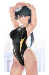Rule 34 | 1girl, alternate breast size, armpits, black hair, black one-piece swimsuit, blue eyes, blurry, blurry background, blush, breasts, closed mouth, collarbone, competition swimsuit, half-closed eyes, hand over heart, highres, houshou (kancolle), kantai collection, looking at viewer, medium breasts, one-piece swimsuit, outside border, ponytail, solo, swept bangs, swimsuit, wa (genryusui), yellow trim