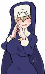 Rule 34 | 1girl, blonde hair, blush, cross, cross necklace, double (skullgirls), closed eyes, fingers together, highres, jewelry, kazunoko (split), necklace, nun, open mouth, skullgirls, smile, solo, white background