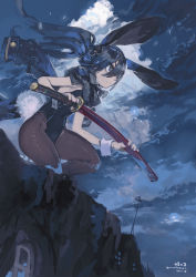 Rule 34 | 1girl, animal ears, black hair, blue eyes, blue theme, brown pantyhose, commentary request, covered navel, fake animal ears, fake tail, highres, holding, holding sword, holding weapon, katana, konno takashi, leotard, long hair, original, pantyhose, playboy bunny, ponytail, scarf, solo, squatting, strapless, strapless leotard, sword, tail, weapon, wrist cuffs