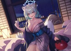 Rule 34 | 1girl, absurdres, animal ears, blue archive, blue halo, blush, breasts, cleavage, collarbone, cup, fingernails, green hair, grey kimono, hair between eyes, halo, hand fan, highres, holding, holding cup, holding fan, inapple, indoors, japanese clothes, kimono, large breasts, long sleeves, looking at viewer, medium hair, nail polish, obi, official alternate costume, open mouth, paper fan, purple eyes, purple nails, sash, shigure (blue archive), shigure (hot spring) (blue archive), shouji, sliding doors, smile, solo, tail, tatami, uchiwa, weasel ears, weasel tail, wide sleeves