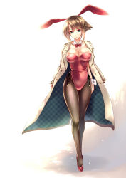 Rule 34 | 10s, 1girl, alternate costume, amane ruri, animal ears, black pantyhose, bow, bowtie, breasts, cleavage, coat, detached collar, fake animal ears, female focus, green eyes, highres, jacket, jacket on shoulders, kantai collection, large breasts, leotard, looking at viewer, mutsu (kancolle), pantyhose, playboy bunny, rabbit ears, revision, short hair, solo, wrist cuffs