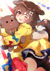 Rule 34 | 1girl, :3, animal collar, animal ears, black pants, blue bow, blue bowtie, bone hair ornament, bow, bowtie, braid, brown eyes, brown hair, brown tail, cartoon bone, collar, dog ears, dog girl, dog tail, frilled shirt, frills, hair ornament, highres, hololive, inugami korone, inugami korone (1st costume), jacket, light rays, medium hair, pants, polka dot, polka dot background, red bow, red bowtie, red collar, red socks, shirt, sidelocks, socks, stuffed animal, stuffed dog, stuffed toy, tail, takumin dx, virtual youtuber, yellow jacket
