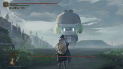 Rule 34 | absurdres, blonde hair, bow (weapon), brown headwear, cape, cliff, cloud, cloudy sky, commentary, deerstalker, elden ring, english commentary, fake screenshot, giant, glowing, glowing eyes, hat, heads-up display, health bar, highres, holding, holding bow (weapon), holding weapon, hololive, hololive english, mazu (mazumaro), mountainous horizon, necktie, outdoors, painterly, parody, pleated skirt, red necktie, shield, skirt, sky, smile, smol ame, sword, tree, virtual youtuber, watson amelia, weapon