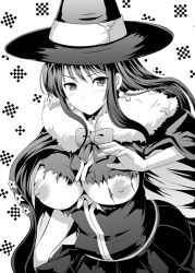 Rule 34 | 10s, 1girl, akino hamo, black hair, blush, bow, bowtie, breasts, cape, female focus, greyscale, hat, kagari ayaka, large breasts, long hair, looking at viewer, monochrome, nipples, school uniform, skirt, solo, torn clothes, witch craft works, witch hat