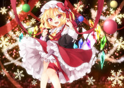 Rule 34 | 1girl, :d, absurdres, ascot, blonde hair, blurry, blurry background, bow, christmas, commentary request, dress, feet out of frame, flandre scarlet, flat chest, fur trim, hair between eyes, hands up, hat, hat bow, highres, kuraudo, leg ribbon, looking at viewer, mob cap, one side up, open mouth, ornament, petticoat, red bow, red dress, red eyes, red ribbon, ribbon, short hair, smile, snowflakes, solo, standing, touhou, white hat, yellow ascot