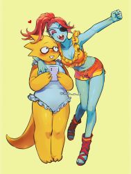Rule 34 | 2girls, absurdres, aida (umiiromiran), alphys, arm around shoulder, barefoot, bikini, bikini shorts, blue skin, blush, breasts, buck teeth, claws, cleavage, colored skin, eyepatch, frilled bikini, frilled swimsuit, frills, glasses, heart, highres, looking at another, monster girl, multiple girls, one-piece swimsuit, red hair, sandals, shorts, swimsuit, tail, teeth, undertale, undyne, yellow skin