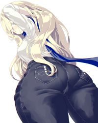 Rule 34 | 1girl, alternate costume, ass, blonde hair, blue scarf, blush, breasts, closed mouth, dd (ijigendd), denim, eyes visible through hair, from below, grey eyes, hand in own hair, highres, jeans, kantai collection, large breasts, long hair, looking at viewer, pants, pantylines, pocket, richelieu (kancolle), scarf, shirt, simple background, solo, white background, white shirt