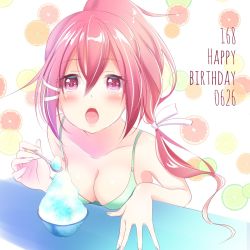 Rule 34 | 1girl, bad id, bad twitter id, bikini, bikini top only, blush, breasts, food, green bikini, hair between eyes, hair ribbon, happy birthday, i-168 (kancolle), ice cream, kantai collection, long hair, looking at viewer, medium breasts, mero oon, open mouth, ponytail, red eyes, red hair, ribbon, shaved ice, sitting, solo, spoon, swimsuit, twitter username, underwear