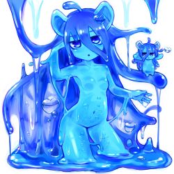 Rule 34 | 2girls, ahoge, animal ears, blue eyes, blue hair, blue sclera, blue skin, breasts, chibi, colored sclera, colored skin, contrapposto, cowboy shot, curss, hair between eyes, hand up, head tilt, heart, highres, long hair, looking at viewer, monster girl, multiple girls, navel, nude, original, parted lips, simple background, slime girl, small breasts, solo focus, very long hair, white background