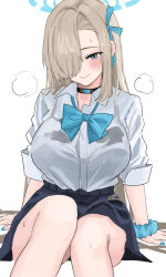 Rule 34 | 1girl, aqua bow, aqua bowtie, arm support, asuna (blue archive), asymmetrical bangs, black bra, black choker, black skirt, blue archive, blush, bow, bowtie, bra, bra visible through clothes, breasts, choker, feet out of frame, fingernails, hair over one eye, halo, highres, large breasts, light brown hair, long bangs, looking at viewer, loose bowtie, nail polish, one eye covered, open collar, school uniform, scrunchie, shirt, shirt tucked in, simple background, sitting, skirt, solo, steam, sweat, tented shirt, tsumayouji (tumayog), underwear, white background, white shirt, wrist scrunchie