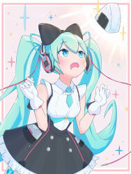 Rule 34 | 1girl, aqua eyes, aqua hair, aqua necktie, bare arms, bare shoulders, black bow, black dress, bow, cable, commentary, cowboy shot, dress, drooling, food, framed, framed breasts, frilled skirt, frills, gloves, hair bow, hatsune miku, headphones, highres, hoop skirt, light blush, long hair, looking up, magical mirai (vocaloid), magical mirai miku, magical mirai miku (2016), mouth drool, necktie, onigiri, open mouth, pink background, short necktie, skirt, sleeveless, sleeveless dress, solo, sparkle, standing, twintails, very long hair, vocaloid, white gloves, yasuno-labo