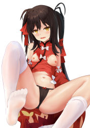 Rule 34 | 1girl, absurdres, ass, bad id, bad pixiv id, bare shoulders, black panties, blush, bow, breasts, brown hair, china dress, chinese clothes, commentary request, detached sleeves, dress, feet, girls&#039; frontline, hair ribbon, heart, heart-shaped pupils, highres, long hair, looking at viewer, navel, nipples, no bra, no shoes, official alternate costume, open mouth, panties, qianqiu wanxia, reclining, red dress, red ribbon, revision, ribbon, simple background, small breasts, solo, spread legs, stomach, symbol-shaped pupils, thighhighs, thighs, torn clothes, torn dress, two side up, type 97 (girls&#039; frontline), type 97 (peony) (girls&#039; frontline), underwear, wavy mouth, white background, white bow, white thighhighs, yellow eyes