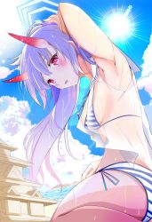 Rule 34 | 1girl, absurdres, arm up, armpits, ass, beach, bikini, blue archive, blue hair, blush, breasts, chise (blue archive), chise (swimsuit) (blue archive), cloud, from behind, hand on own head, highres, horns, kujira jio, long hair, looking back, oni, oni horns, open mouth, outdoors, ponytail, red eyes, red horns, sand castle, sand sculpture, see-through, shirt, side-tie bikini bottom, sitting, sky, sleeveless, sleeveless shirt, small breasts, solo, striped bikini, striped clothes, sun, sweat, swimsuit, thighs