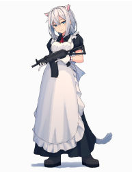 Rule 34 | aks-74u, animal ears, apron, assault rifle, blue eyes, cat ears, cat tail, commentary, full body, gloves, gun, highres, holding, holding gun, holding weapon, kalashnikov rifle, maid, maid apron, original, rifle, silver hair, solo, tail, trigger discipline, weapon, weapon request, white background, white gloves, wozora