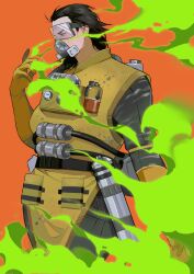 Rule 34 | 1girl, absurdres, animification, apex legends, black hair, breasts, caustic (apex legends), chinese commentary, colored smoke, commentary request, from side, gas mask, genderswap, genderswap (mtf), gloves, goggles, green eyes, hazmat suit, highres, long hair, mask, mature female, medium breasts, orange background, orange gloves, smoke, solo, tongfeng bao cai
