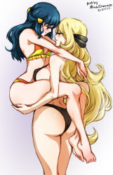 Rule 34 | 2girls, artist name, ass, bare shoulders, barefoot, bikini, black bikini, blonde hair, blue hair, blush, breasts, carrying, carrying person, commentary, creatures (company), curvy, cynthia (pokemon), dated, dawn (pokemon), english commentary, frilled bikini, frills, game freak, grey eyes, grey nails, hair ornament, hand on another&#039;s ass, large breasts, lifting person, lips, long hair, looking at another, mina cream, multiple girls, nintendo, no headwear, paid reward available, parted lips, pokemon, pokemon dppt, simple background, small breasts, smile, swimsuit, thighs, two-tone bikini, very long hair, wavy hair, yuri