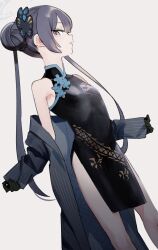 Rule 34 | 1girl, bare shoulders, black dress, black gloves, black hair, blue archive, blue eyes, braid, braided bun, breasts, butterfly hair ornament, china dress, chinese clothes, double bun, dragon print, dress, gloves, grey eyes, grey jacket, hair bun, hair ornament, halo, highres, jacket, kisaki (blue archive), long hair, looking at viewer, off shoulder, open mouth, pelvic curtain, print dress, short dress, side slit, sleeveless, sleeveless dress, small breasts, solo, striped clothes, striped jacket, twintails, urayamashiro (artist), vertical-striped clothes, vertical-striped jacket