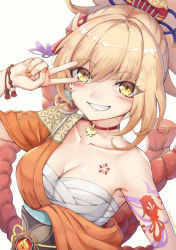 Rule 34 | 1girl, :d, arm tattoo, blush, breasts, chest tattoo, choker, cleavage, collarbone, commentary, fish tattoo, genshin impact, grin, hair between eyes, hair ornament, highres, japanese clothes, light brown hair, long hair, looking at viewer, medium breasts, open mouth, ponytail, rope, shimenawa, sidelocks, simple background, smile, solo, tattoo, v, vision (genshin impact), white background, wide sleeves, yellow eyes, yoimiya (genshin impact), yuki7128