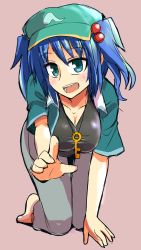 Rule 34 | 1girl, :d, adapted costume, all fours, black shirt, blue eyes, blue hair, blush, breasts, cabbie hat, cleavage, collarbone, contemporary, hair bobbles, hair ornament, hanging breasts, hat, head tilt, highres, jacket, jewelry, kawashiro nitori, key, key necklace, looking at viewer, matching hair/eyes, necklace, open mouth, pants, reaching, reaching towards viewer, shirt, short hair, simple background, sketch, smile, solo, tanakara, tank top, touhou, two side up