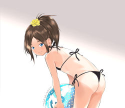 Rule 34 | 1girl, ass, ball, bare arms, bare shoulders, beachball, bikini, black bikini, blue eyes, brown hair, closed mouth, commentary request, flower, from side, hair flower, hair ornament, halterneck, highres, holding, holding ball, leaning forward, looking at viewer, looking to the side, mayafufu, one-piece tan, original, parted bangs, ponytail, side-tie bikini bottom, smile, solo, standing, string bikini, swimsuit, tan, tanline, yellow flower