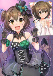 Rule 34 | +++, 1girl, :d, akagi miria, bare shoulders, black dress, black gloves, blush, breasts, brown eyes, brown hair, claw pose, closed mouth, demon tail, dress, facial scar, fangs, gaichi, gloves, hair between eyes, hands up, heart, highres, idolmaster, idolmaster cinderella girls, long sleeves, looking at viewer, multiple views, notice lines, open mouth, plaid, polka dot, scar, scar on cheek, scar on face, shirt, short hair, small breasts, smile, tail, translation request, two side up, white shirt