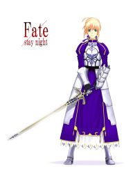 Rule 34 | 00s, 1girl, ahoge, armor, armored dress, artoria pendragon (all), artoria pendragon (fate), blonde hair, copyright name, dress, excalibur (fate/stay night), fate/stay night, fate (series), gauntlets, greaves, green eyes, saber (fate), solo, sword, weapon