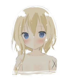 Rule 34 | 1girl, arms at sides, blonde hair, blue eyes, blush, closed mouth, collarbone, hair between eyes, long hair, looking at viewer, nude, original, partially submerged, simple background, solo, tareme, tia-chan, uchuuneko, upper body, water, wet, wet hair, white background