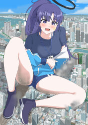 Rule 34 | 1girl, absurdres, artist request, black footwear, black shirt, blue archive, blue buruma, blue jacket, blush, building, buruma, destruction, giant, giantess, gym uniform, halo, high ponytail, highres, id card, jacket, jacket partially removed, lanyard, official alternate costume, open mouth, partially unzipped, purple eyes, purple hair, shirt, shoes, short sleeves, sitting, skyscraper, solo, star sticker, sticker on face, track jacket, yuuka (blue archive), yuuka (track) (blue archive)