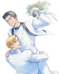 Rule 34 | 2boys, ao isami, black bow, black bowtie, black hair, blonde hair, blue eyes, bouquet, bow, bowtie, carrying, carrying person, collared shirt, couple, facial hair, feet out of frame, flower, highres, holding, holding bouquet, husband and husband, jacket, lewis smith, looking at viewer, male focus, multiple boys, pants, rose, shirt, short hair, sideburns stubble, simple background, smile, stubble, vest, wedding suit, white background, white jacket, white pants, white shirt, white vest, yamyam9006, yaoi, yuuki bakuhatsu bang bravern