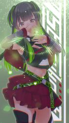 Rule 34 | 1girl, armpits, belt, black hair, black shirt, blouse, boots, breasts, brown eyes, capelet, chromatic aberration, cleavage, cowboy shot, green hair, highres, idol, idol clothes, idolmaster, idolmaster shiny colors, layered skirt, looking at viewer, mayuzumi fuyuko, medium breasts, miniskirt, multicolored hair, navel, pekoni (peconi), red skirt, shirt, skirt, sleeveless, solo, standing, thigh boots, thighhighs, two-tone hair, two side up