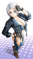 Rule 34 | angel (kof), blue eyes, boots, bra, breasts, chaps, cowboy boots, cropped jacket, fighting game, fingerless gloves, gloves, hand on own hip, highres, jacket, large breasts, leather, leather jacket, looking up, mexico, open clothes, open jacket, snk, solo, strapless, strapless bra, the king of fighters, the king of fighters 2001, the king of fighters xiv, toned, underwear, white hair, x chitch