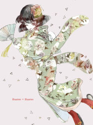 Rule 34 | 1boy, androgynous, arm up, black eyes, black hair, bob cut, confetti, copyright name, floating hair, floral print, flower, flying paper, folding fan, green kimono, hair floating upwards, hair flower, hair ornament, hand fan, highres, holding, holding fan, hunter x hunter, japanese clothes, kalluto zoldyck, kimono, lipstick, long bangs, looking at viewer, makeup, mole, mole under mouth, obi, one eye closed, oopartz, paper, puckered lips, red footwear, sash, short hair, simple background, tabi, wide sleeves