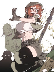 Rule 34 | 1girl, 3boys, abs, belt, black belt, black thighhighs, boots, breasts, brown eyes, brown gloves, cleavage, cropped jacket, explosion, fio germi, glasses, gloves, grey jacket, grey shorts, gun, highres, hood, hood up, jacket, jumping, knee pads, large breasts, metal slug, midriff, multiple boys, one eye closed, open mouth, orange hair, rifle, round eyewear, short shorts, shorts, solo focus, ssambatea, sweat, sweatdrop, tank top, thighhighs, toned, weapon, white tank top, wide-eyed