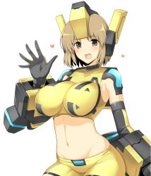 Rule 34 | 1girl, :d, absurdres, armor, armpit crease, black gloves, blush, breasts, brown eyes, brown hair, commentary request, cosmic break, covered collarbone, cowboy shot, crop top, detached sleeves, gloves, groin, halcon, headgear, heart, highres, large breasts, looking at viewer, mecha musume, midriff, navel, open mouth, rei (cosmic break), shirt, short hair, shorts, sidelocks, simple background, sleeveless, sleeveless shirt, smile, solo, standing, waving, white background, yellow shirt, yellow shorts