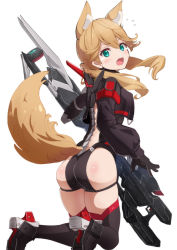 Rule 34 | 1girl, alice gear aegis, animal ear fluff, animal ears, ass, black footwear, black gloves, black jacket, blonde hair, blue eyes, boots, commentary request, cropped jacket, fang, fox ears, fox girl, fox tail, fuku kitsune (fuku fox), gloves, hair over shoulder, highres, jacket, kotomura akane, long hair, long sleeves, looking at viewer, low twintails, open mouth, simple background, skindentation, solo, tail, thigh boots, thighhighs, twintails, weapon, white background