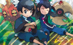 Rule 34 | 1boy, 1girl, ^ ^, black eyes, black hair, brother and sister, closed eyes, creature, creatures (company), floating, game freak, gen 3 pokemon, grass, gym leader, holding, holding poke ball, iribi you, liza (pokemon), looking at viewer, lunatone, nintendo, official art, on ground, outdoors, poke ball, poke ball (basic), pokemon, pokemon (creature), pokemon oras, pokemon tcg, siblings, sidelocks, sitting, solrock, tate (pokemon), third-party source, twins