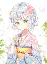 Rule 34 | 1girl, bad id, bad pixiv id, blue kimono, blush, blowing bubbles, closed mouth, commentary request, flower, gradient kimono, green eyes, hair flower, hair ornament, japanese clothes, kimono, long sleeves, looking at viewer, obi, original, pink flower, pink kimono, qlakwnd, sash, short hair, silver hair, sleeves past wrists, solo, upper body, white background, wide sleeves