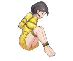 1girl arms_behind_back ball_gag barefoot bdsm bondage bound brown_hair chinese_commentary closed_eyes coat commentary_request creatures_(company) eyelashes feet full_body gag gagged game_freak knees ninja-gokko nintendo orange_panties panties parasol_lady_(pokemon) pokemon pokemon_oras raincoat shibari shibari_over_clothes short_hair simple_background sitting solo toes underwear white_background yellow_coat yellow_raincoat